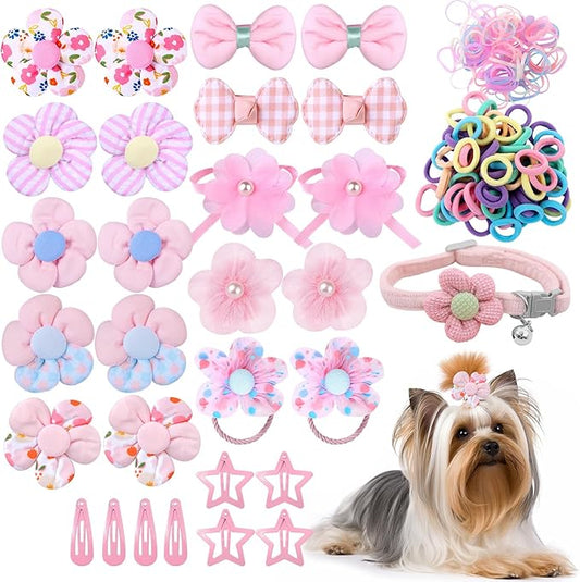 180+ Pcs Pink Dog Hair Accessories Set,Small Dog Hair Bows with Rubber Bands,Cute Puppy Hair Ties,Bowties for Small Dogs Cats,Dog Hair Clip,Floral Bell Collar,Flower Scrunchie