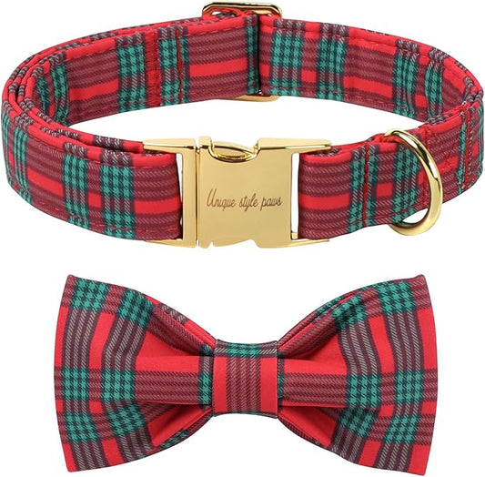 Unique Style Paws Christmas Dog Collar with Bow Red Green Plaid Cotton Puppy Collars for Small Medium Large Dogs