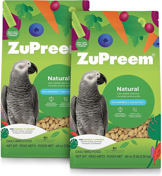 ZuPreem Natural Bird Food Pellets for Parrots & Conures, 3 lb (Pack of 2) - Daily Nutrition, Made in USA for Caiques, African Greys, Senegals, Amazons, Eclectus