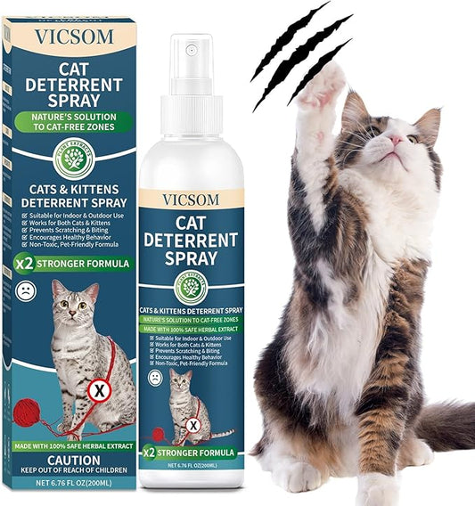 VICSOM Cat Deterrent Spray, Natural Cat Repellent Spray, Cat Scratch Deterrent for Furniture, Sofas, Rugs, Curtains, Plants, Indoor & Outdoor Keep Cats Kittens Away, No Alcohol & Trace 6.76 FL Oz