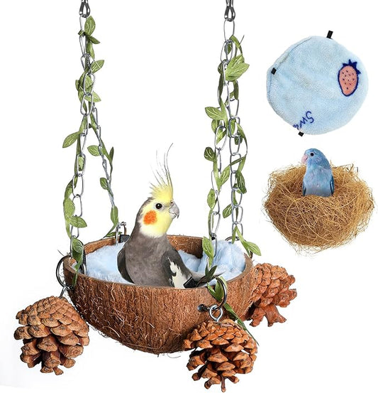 PINVNBY Natural Coconut Shell Bird Nest for Cage Coconut Fiber with Warm Pad Coconut Hide Bird Swing Toys for Bird Conure, Budgie, Cockatiel, Lovebird, Sugar Glider, Canary, Hamster