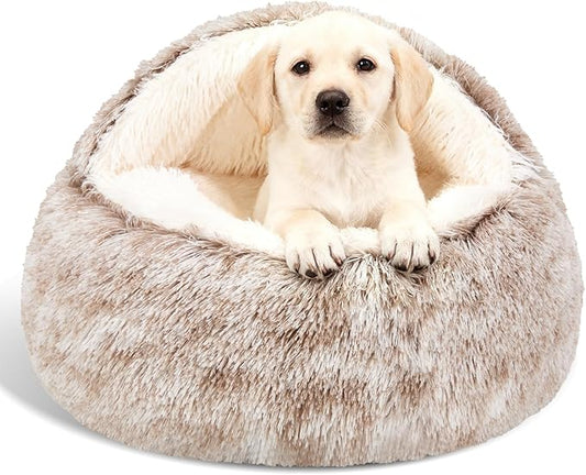Calming Dog Beds & Cat Cave Bed with Hooded Cover,Removable Washable Round Beds for Small Medium Pets,Anti-Slip Faux Fur Fluffy Coved Bed for Improved Sleep,Fits up to 15/25 lbs(Medium,24"x24")