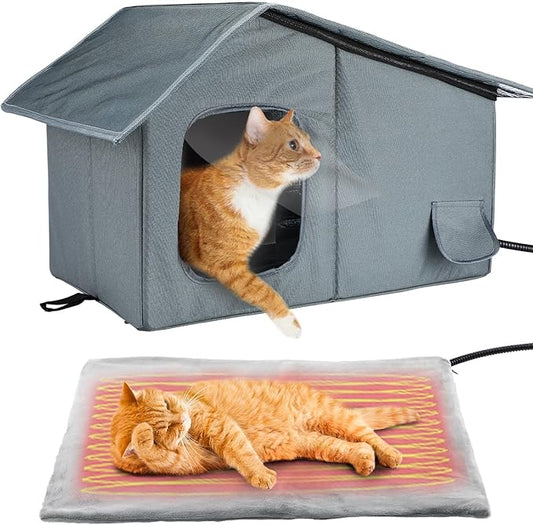 Weatherproof Heated Cat Houses for Outdoor Cats - Insulated Cat Shelter for Winter with Thermostatic Heating Pad and Escape Door, Warm Outside Pet House Gift for 1-2 Feral Cats (Medium)