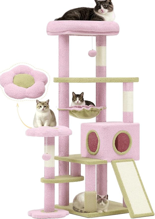 YITAHOME 61" Flower Cat Tree, Cat Tree Cute with Large Metal Frame Hammock, Silicone Tickling Column, Cat Scratched Board, 3 Sisal Scratching Posts, Aesthetic Cat Tower with Condo and Perches