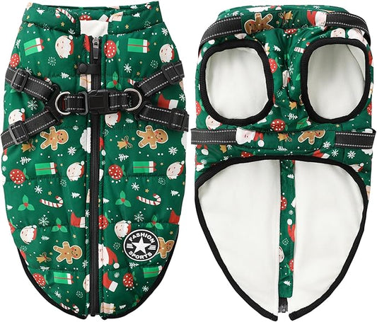 Aiboria Dog Jackets for Winter Windproof Waterproof Vest Fleece Warm Dogs Coat with Belt Christmas Green S