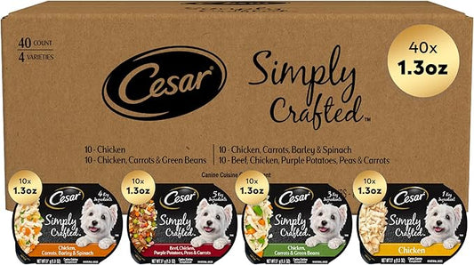 Cesar Simply Crafted Wet Dog Food Toppers for Dry Food, Chicken and Beef Meal Topper Variety Pack, 1.3 oz. Tubs, Variety Pack, 40 Count (Pack of 1)