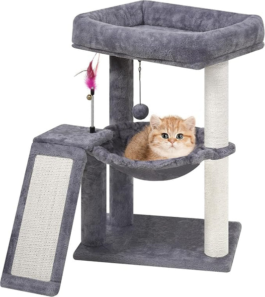 YOUPET Cat Tree with Cat Scratching Post for Indoor Cats, Cat Tower with Scratching Board and Playful Toy Balls, Cat Tree Tower with Cozy Hammock,Grey
