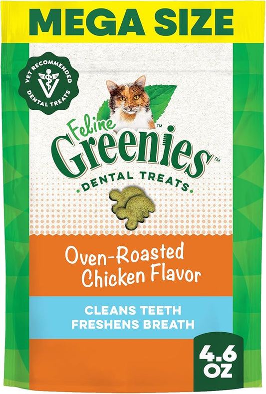 Greenies Feline Veterinarian-Recommended Adult Natural Dental Cat Treats, Oven Roasted Chicken Flavor, 4.6 oz. Pouch