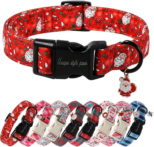 Unique Style Paws Christmas Dog Collar Plastic Buckle with Pendant Red Hat Christmas Man Cotton Puppy Collars for Small Medium Large Dogs