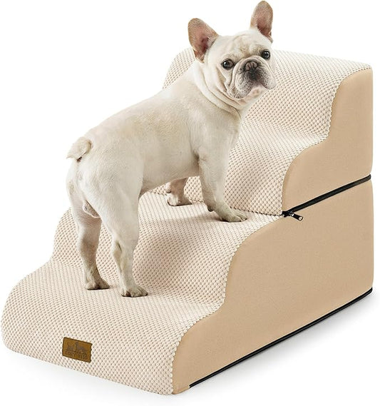 Wide Dog Stairs for Small Dogs 19.7" H, Detached Dog Step for Puppy or Older Cat, Ramp for Bed, Sofa, Couch or Chair, Ladder with High Density Foam, 17.7x28.3x19.7 inch, 4 Step, Beige