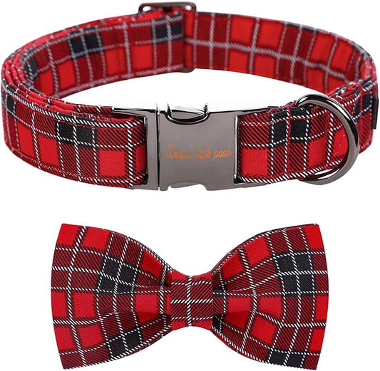 Unique style paws Christmas Dog Collar with Bow Tie Red Black Grid Cotton Collar Adjustable Puppy Plaid Collar for Small Medium Large Dogs