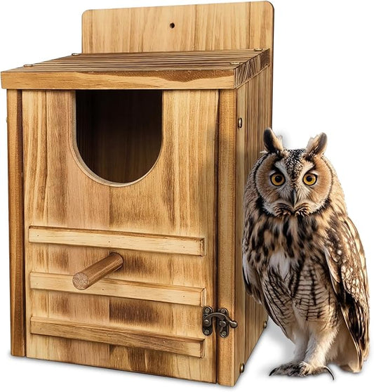 Screech Owl House, Owl Bird Box Large Handmade Wooden Circular Opening Screech Box for Outside with Mounting Screws and A Bag of Wood Shavings, Easy Assembly Required (Brown, 9" x 14.5")