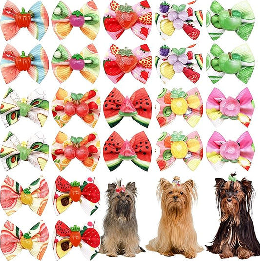 24Pcs/12Pairs Dog Hair Bows with Rubber Band Summer Hawaiian Fruit Pattern for Girls Female Cat Rabbit Puppy Poodle Top Knot Elastic Hair Bowknot Grooming Accessories Attachment