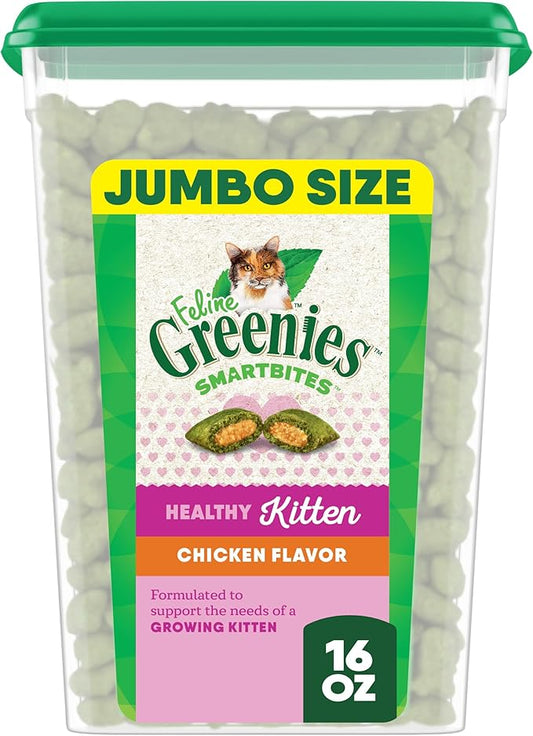 Greenies Feline Smartbites Healthy Kitten Treats, Crunchy and Soft Natural Cat Treats, Chicken Flavor, 16 oz Tub