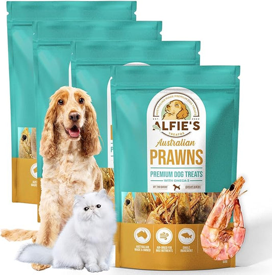 ALFIE'S TREATOS Shrimp Treats for Dogs & Cats (8.48 oz, 4x2.12 oz), Bulk Bundle, Air-Dried Dog Treats, Food Topper & Training, Australian Wild-Caught, Single Ingredient, Freeze-Dried Alternative