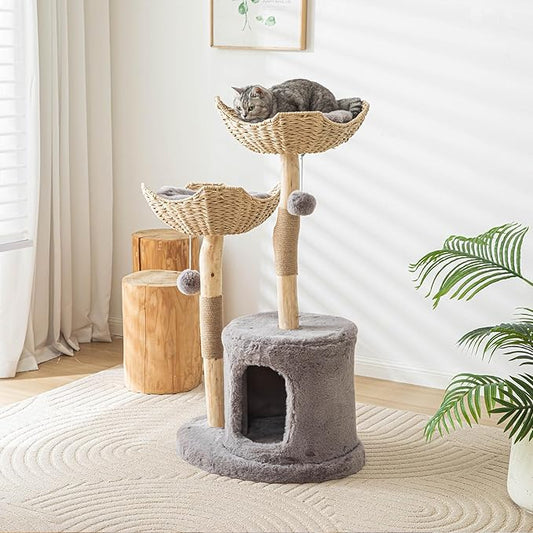 Vannokor 44" Tall Modern Cat Tree for Indoor Cats Large Adult, Wooden Cat Tower for Large Cats with Scratching Post, Luxury Cat Condo, Grey