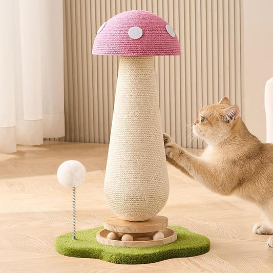 Mushroom Cat Scratching Post Cat Tree, 21.5?˜â€?H Cute Cat Scratcher Tower with Durable Solid Wood Turntable Toy, Baby Pink Mushroom Scratch Post Cat Sisal Scratcher with Catnip for Indoor Adult Cats