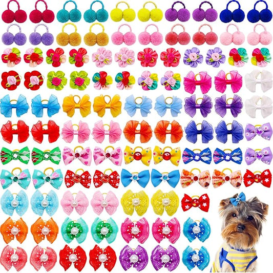 100pcs Dog Hair Bows, Bulk Cute Puppy Pet Small Dog Hair Bows with Rubber Bands, Mix Handmade Flower Puff Ball Rhinestone Pearls Dog Bows, Yorkie Dog Bows for Dog Hair Grooming Accessories