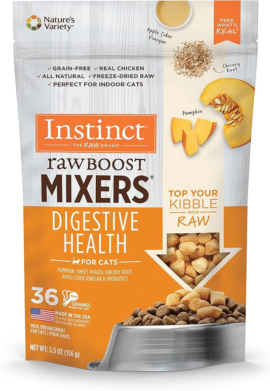 Instinct Raw Boost Mixers, Freeze Dried Cat Food Toppers with Functional Ingredients, Grain Free, Real Chicken - Digestive Health, 5.5 oz Bag