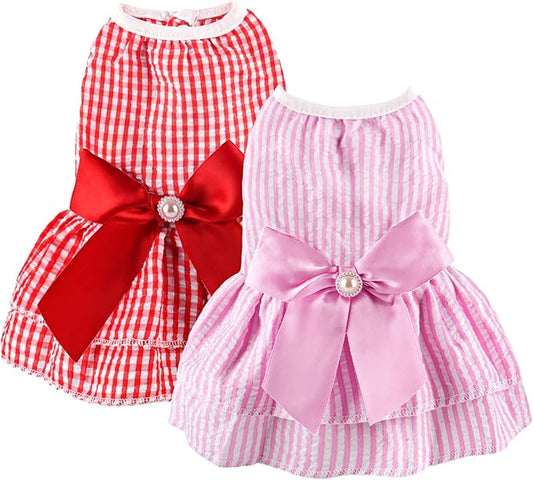 2 Pieces Dog Dress Princess Stripe Pet Dresses for Small Dogs Cute Bowknot Dog Summer Clothes for Dogs Cats Pets Puppy Chihuahua Yorkies