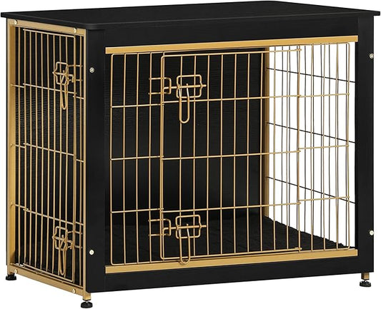 DWANTON Dog Crate Furniture with Cushion, Wooden Kennel Table with Double Doors, Indoor Dog House, Medium Size, 32.5" L, Black+Gold