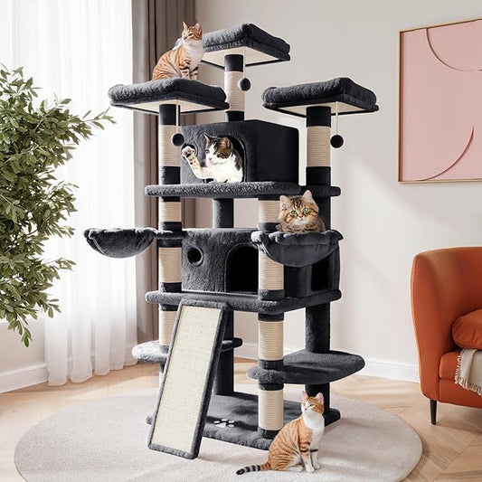 SHA CERLIN 68 Inches Multi-Level Large Cat Tree for Large Kitties/Big Cat Tower with Condo/Cozy Plush ?ŒPussycat Perches/Sisal Scratching Posts and Hammocks/Activity Center/Dark Grey
