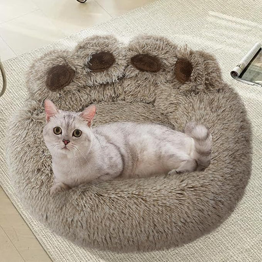 Calming Dog Bed Cat Bed Medium Size Dog - Donut Washable Medium Pet Bed, Warm Kitten Nest 24 inches Anti-Slip Round Fluffy Plush Faux Fur Cat Bed, Fits up to 25 lbs Pets, (Premium Brown)