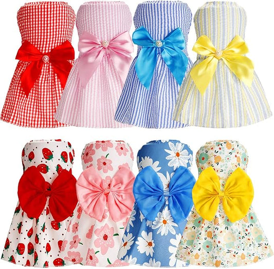Sanwuta 8 Pieces Dog Bowknot Dresses Puppy Clothes Outfits Princess Dresses Soft Lightweight Summer Fruit Floral Pattern Pet Skirts for Girl Puppy(XX-Large)