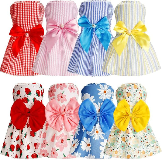 Sanwuta 8 Pieces Dog Bowknot Dresses Puppy Clothes Outfits Princess Dresses Soft Lightweight Summer Fruit Floral Pattern Pet Skirts for Girl Puppy(Large)