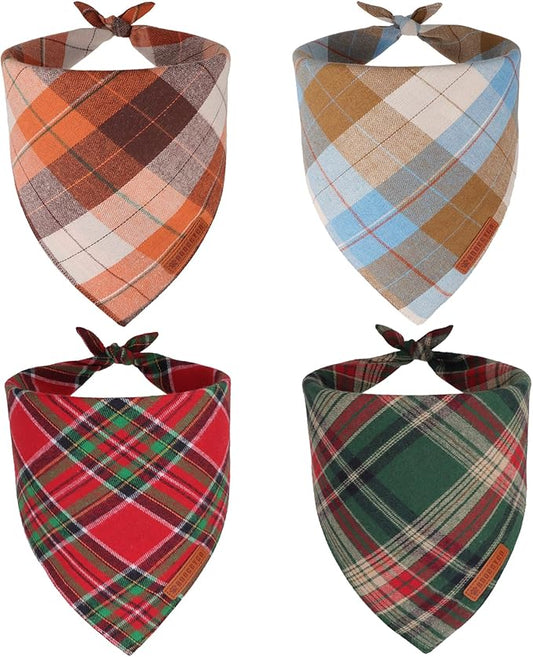 ADOGGYGO 4 Pack Plaid Dog Bandanas Fall Halloween Thanksgiving Christmas, Premium Cotton Fabric, Red Green Orange Blue Plaid Bandanas for Medium Large Dogs (Large)