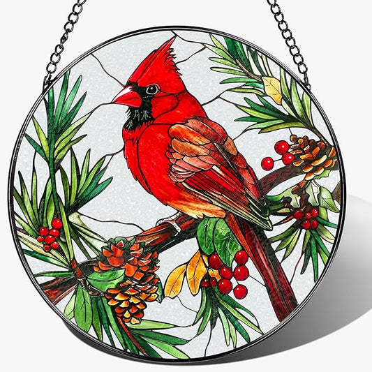 Stained Glass Window Hanging, 8 Inch Cardinal Sun Catcher, Stained Glass Decor, Suncatchers for Windows Hanging, Cardinal Window Decor, Gift for Bird Lovers, Gifts for Mom Grandma