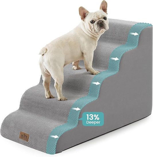 Wide Dog Stairs for Small Dog 22.6" H, Curved Pet Step for Puppy, Older Cat, Curved Ramp for High Bed or Car, Ladder with High Density Foam, Durable, 5 Step, 17.7x33x22.6 inch, Grey