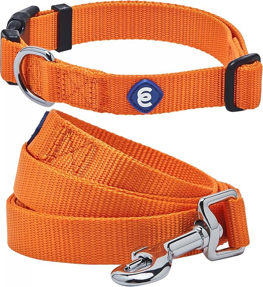 Blueberry Pet Essentials Matching Dog Collar and Leash Set in Orange Vermilion, Adjustable Classic Solid Color Nylon Collar with 5 ft Leash for Small Dogs