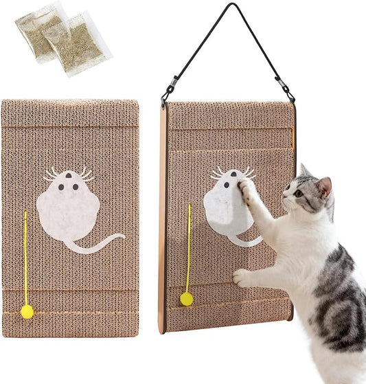Cat Scratching Board. Cat Scratcher for Indoor Cats with Catnip. Cardboard Cat Scratcher with Mouse Logo and Hanging Ball Toy. Cat Scratch pad with Double-Sided Usability (Pack of 2)