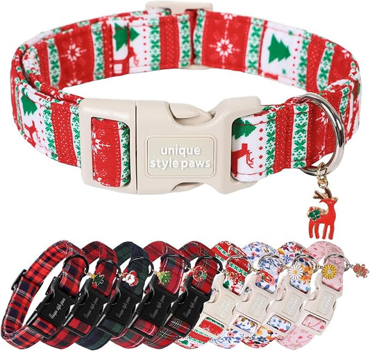Unique Style Paws Christmas Dog Collar Plastic Buckle with Pendant Red Snow Elk Tree Cotton Puppy Collars for Small Medium Large Dogs