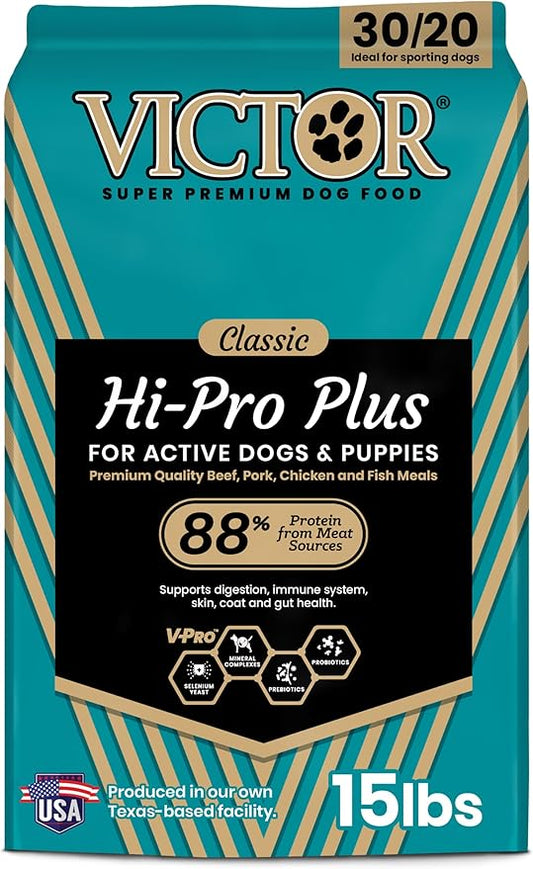 VICTOR Super Premium Dog Food ??Hi-Pro Plus Dry Kibble ??High Protein Dog Food with 30% Protein ??Beef, Chicken, Pork, Fish Meals, Gluten Free - for High Energy and Active Dogs & Puppies, 15lbs