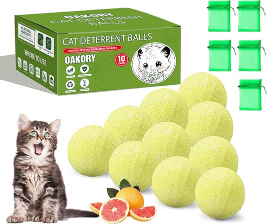 Cat Repellent Balls for Outdoor - Strong Peppermint & Lemongrass Oil Deterrent Balls - Stop Cats from Scratching Furniture,Yard,Plants,Cars - Long-Lasting Protection（10 Pack and 5 Mesh Bags）