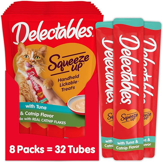 Hartz Delectables Squeeze Up Creamy Squeezable Puree, Lickable Wet Cat Treats, Grain Free, No Added Fillers, No by-Products, No Added Preservatives, 0.5 Ounces Tube Tuna with Catnip, 32 Tubes Total
