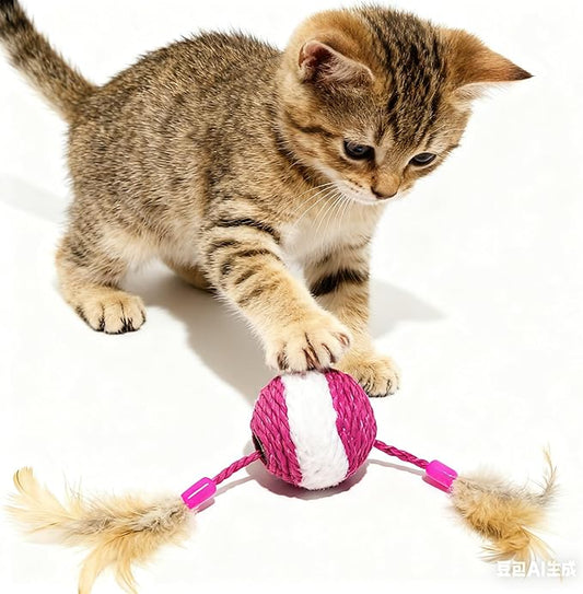 1Pc Cat Sisal Woven Furry Ball Toys, Two-Hole Designed Bell Inside,Cat Hemp Balls, Play with cat, Pets Interactive Toy for Cats,Balls with Chicken Feather Tails. 6cm Ball 4 Colors Random delivery.