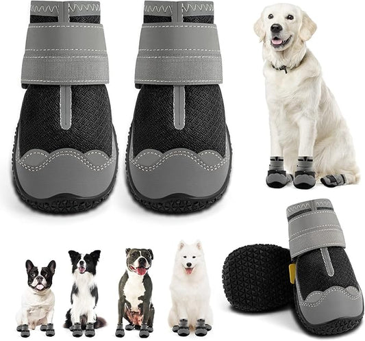 Dog Shoes for Large Dogs, Medium Dog Boots & Paw Protectors for Hardwood Floors, Outdoor Dog Booties for Hot Pavement Winter Snow Hiking, Breathable Dog Shoes with Reflective Strips Size 4