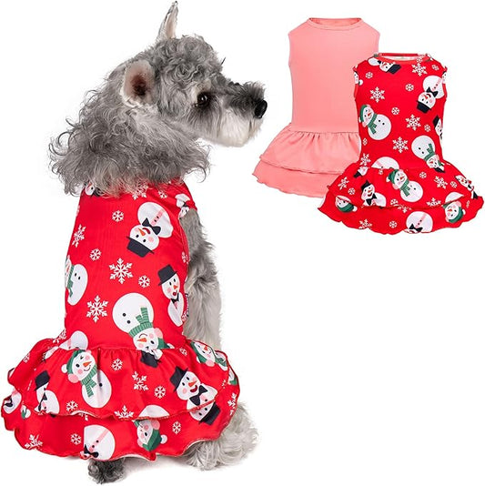 cyeollo 2 Pack Dog Christmas Dress Holiday Dog Dresses for Small Dogs Soft Breathable Pet Clothes Girl Holiday Snowman Outfit Pet Apparel, L