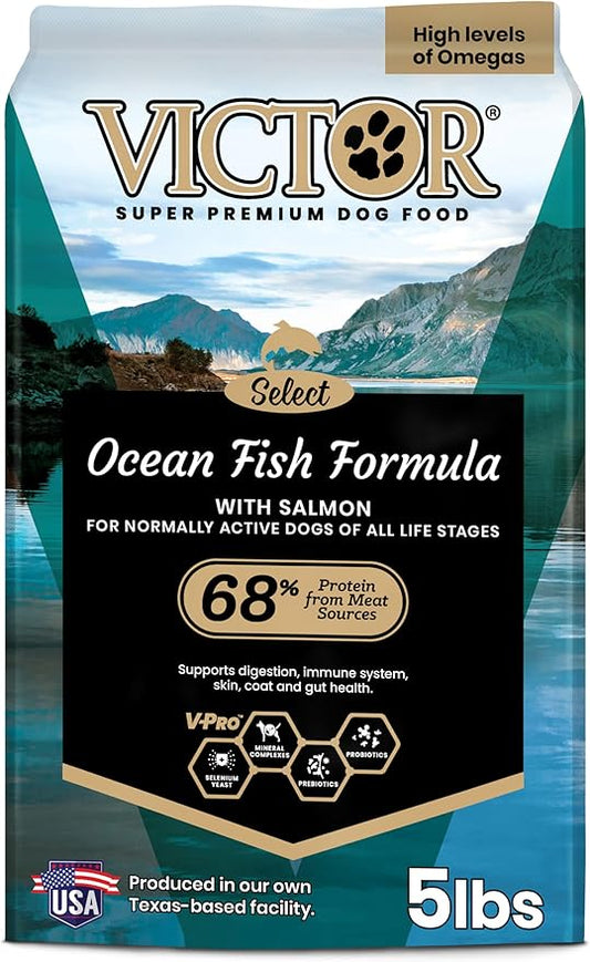 VICTOR Super Premium Dog Food ??Select Ocean Fish Formula with Salmon ??Omega-3 and Omega-6 Enriched Gluten-Free Dry Kibble for All Normally Active Dogs of All Life Stages, 5lbs