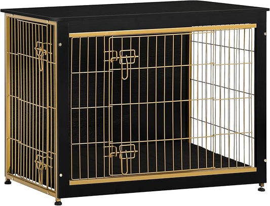 DWANTON Dog Crate Furniture with Cushion, Wooden Kennel Table with Double Doors, Indoor Dog House, Large Size, 38.5" L, Black+Gold
