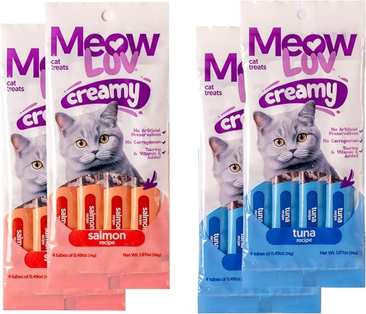 Ultra Chewy Meow Luv Salmon and Tuna Lickable Cat Treats - Delicious Squeezable Cat Treats - Carrageenan Free - No Artificial Preservatives - Irresistible Snack - 0.5 Ounce Tubes (Pack of 4)