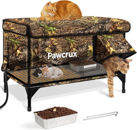 Weatherproof Heated Cat House for Outdoor in Winter, Heated Cat Bed Kitty Shelter with Cat Heating Pad, Insulated & Safe Escape Door, Warm House for Outside Stray Cat(Leaf Color, 16"x28"x19")