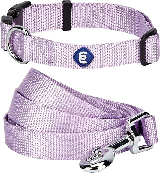 Blueberry Pet Essentials Matching Dog Collar and Leash Set in Lavender, Adjustable Classic Solid Color Nylon Collar with 4 ft Leash for Large Dogs