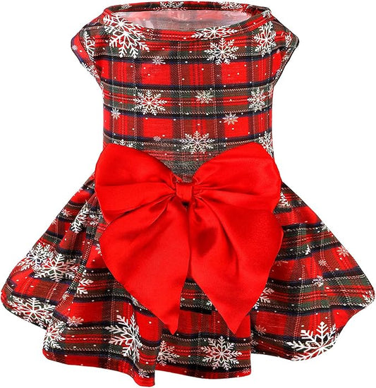 PUPTECK Plaid Dog Christmas Dress Cute Puppy Costume Outfit Small Dogs Clothes with Bowknot Skirt, Snow, XS