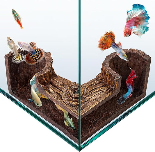 FISHNOSH Aquarium Cave | Natural-Looking Wood-Like BPA-Free Fish Tank Cave for Corners | 5.1??x 2??x 2.7??Fish Hideout for Aquarium | Guppy, Neon Tetra, Corydoras Catfish, Betta Hide | Tank Decor