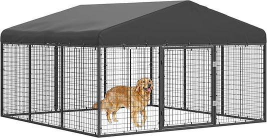 Outdoor Dog Kennel Steel for Medium/Small Dogs Anti-Rust Coating Cage with Roof All Weather Resistant Dog House with Double Locks (118" W x 118" D x 72.5" H)