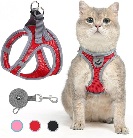 SCENEREAL Cat Harness and Leash Set Escape Proof, Adjustable Soft Air Mesh Kitten Harnesses for Girls Boys Small Medium Big Cats, Reflective Light Travel Pet Walking Vest for Puppy Rabbit, Red L